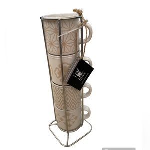 BOSTON WAREHOUSE Stacked Mugs with Stand Set of 4 Beige Pattern 14 oz. NEW